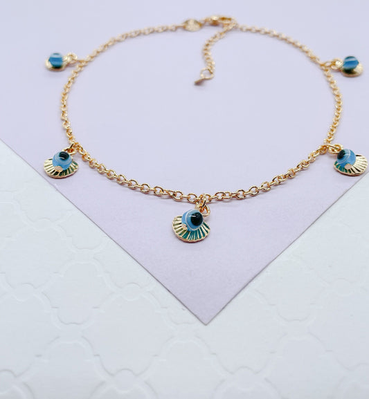 18k Gold Filled Rolo Link Charm Anklet With Evil Eye and Seashell Charms