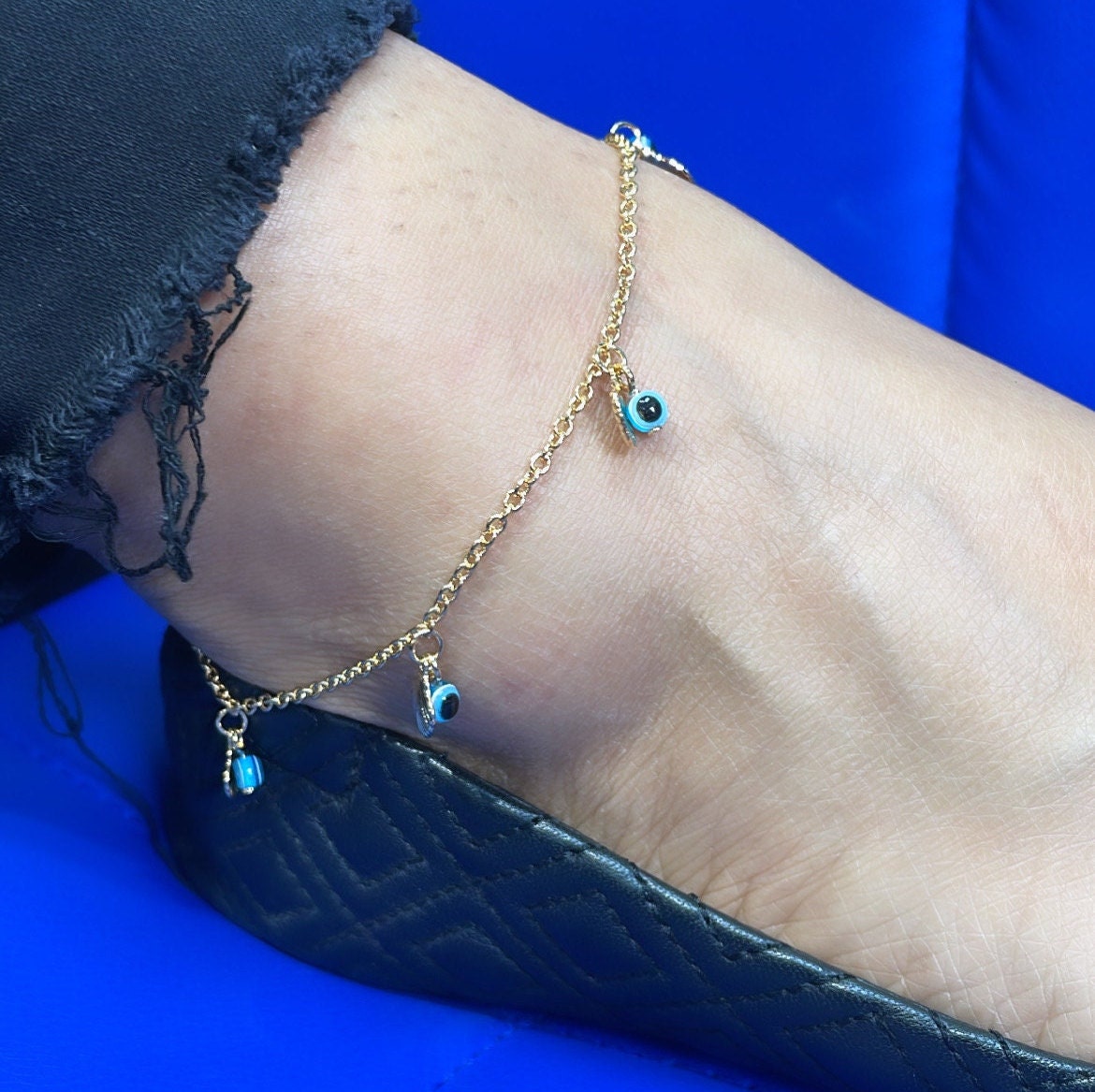 18k Gold Filled Rolo Link Charm Anklet With Evil Eye and Seashell Charms