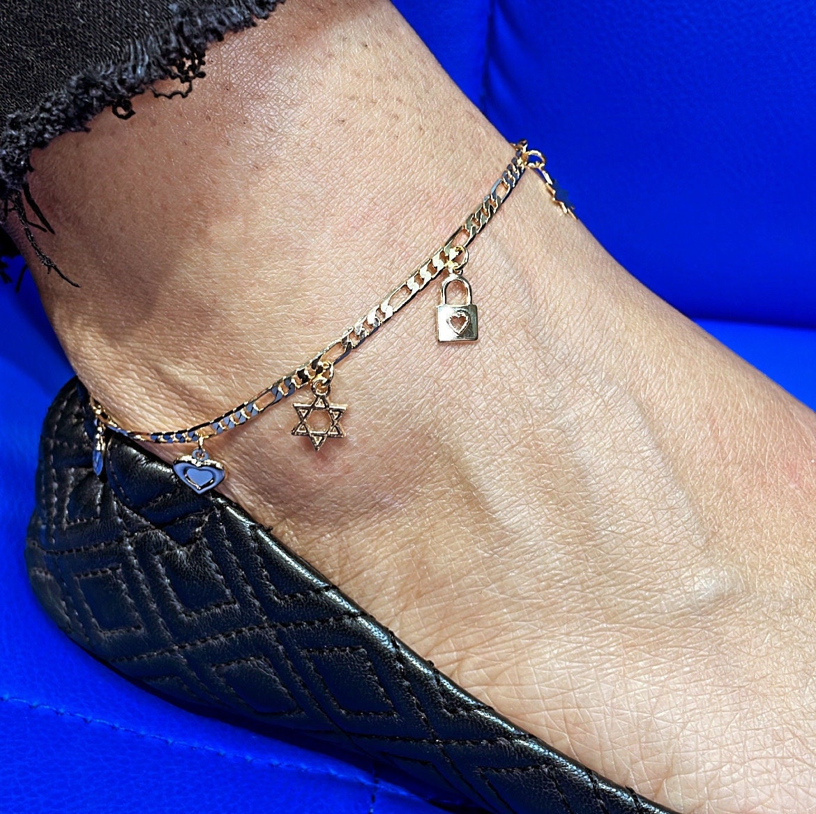 18k Gold Filled Figaro Anklet With Multiple Positive and Love Charms