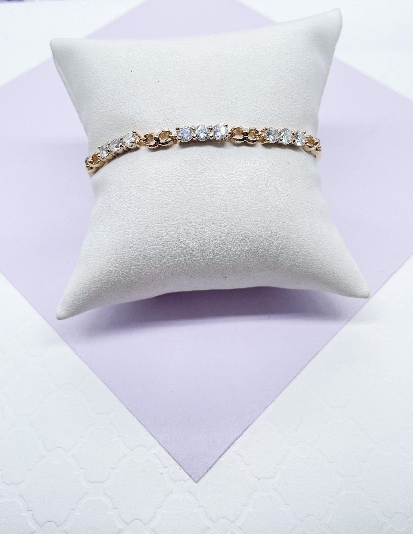 18k Gold Filled Smooth Delicate Bracelet with Interlocked groups of 3 CZ Stones
