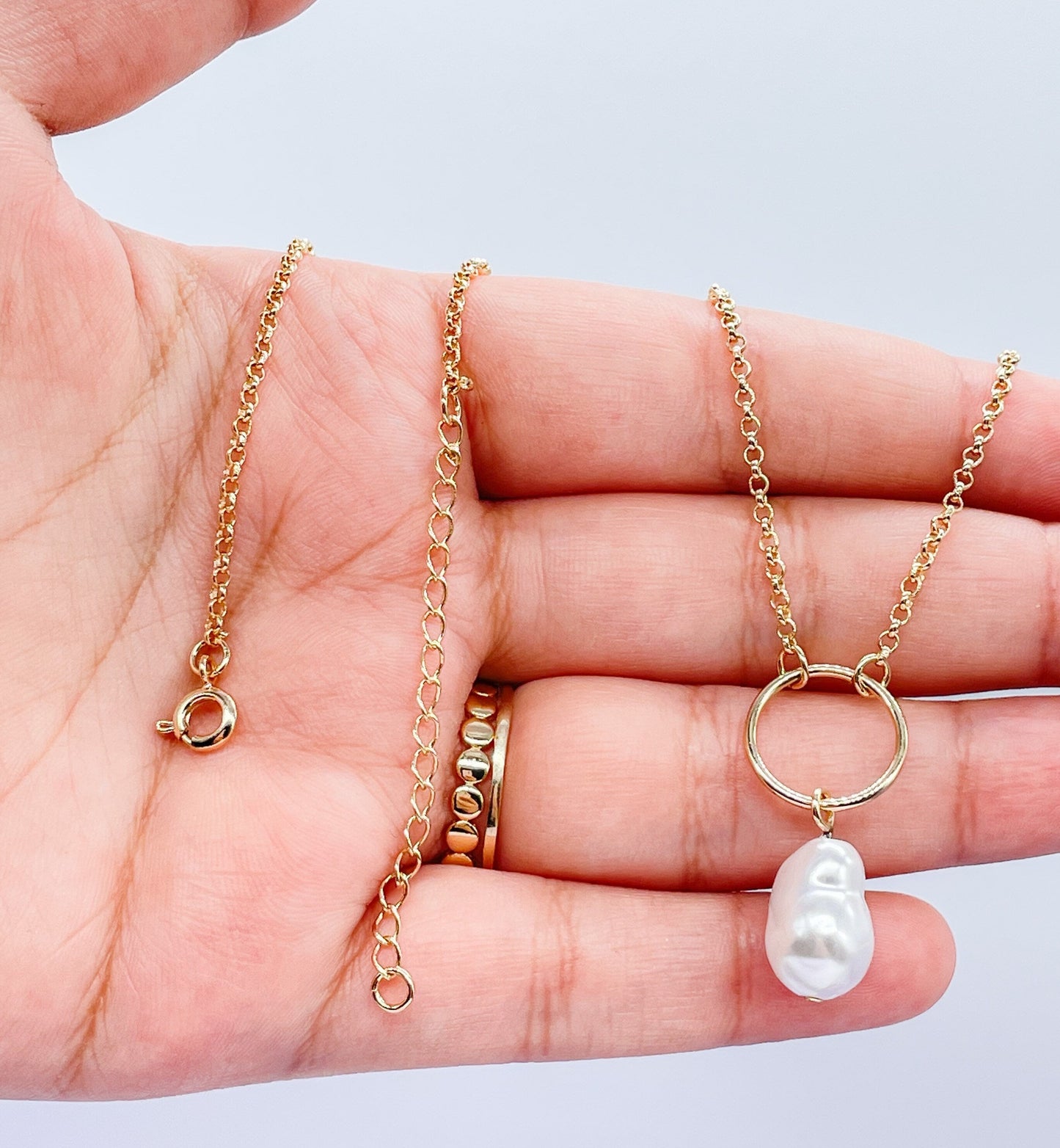 18k Gold Filled Rolo Choker With Large Synthetic Pearl Charm