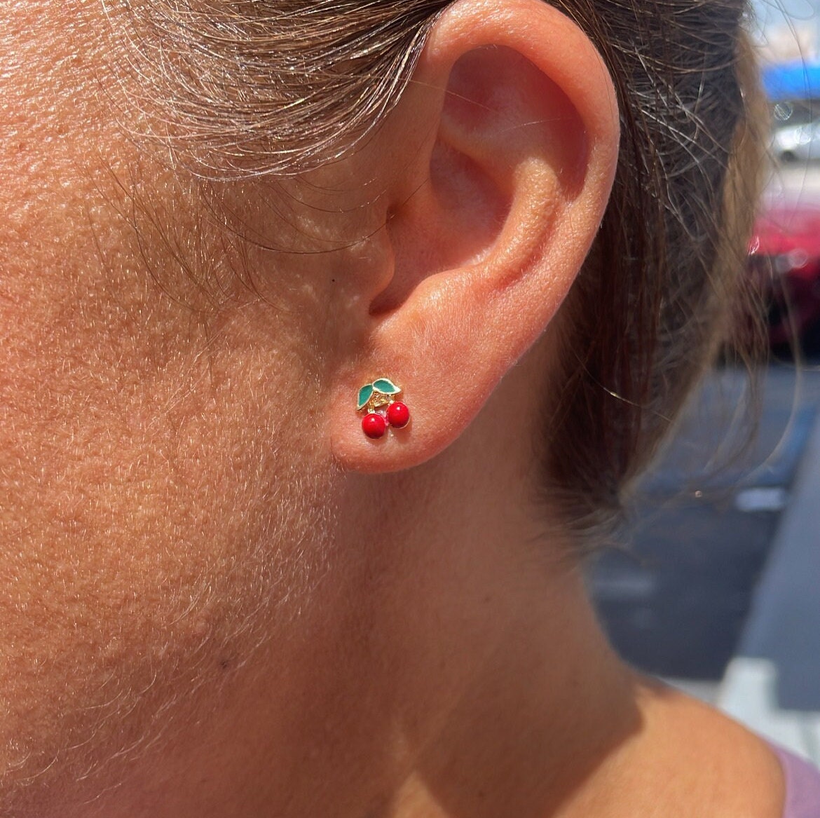 18k Gold Filled Enamel Cherry Stud Earring
