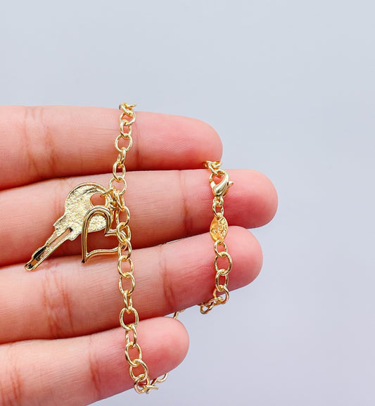 18k Gold Filled Dainty Curb Link Anklet With Heart and Key