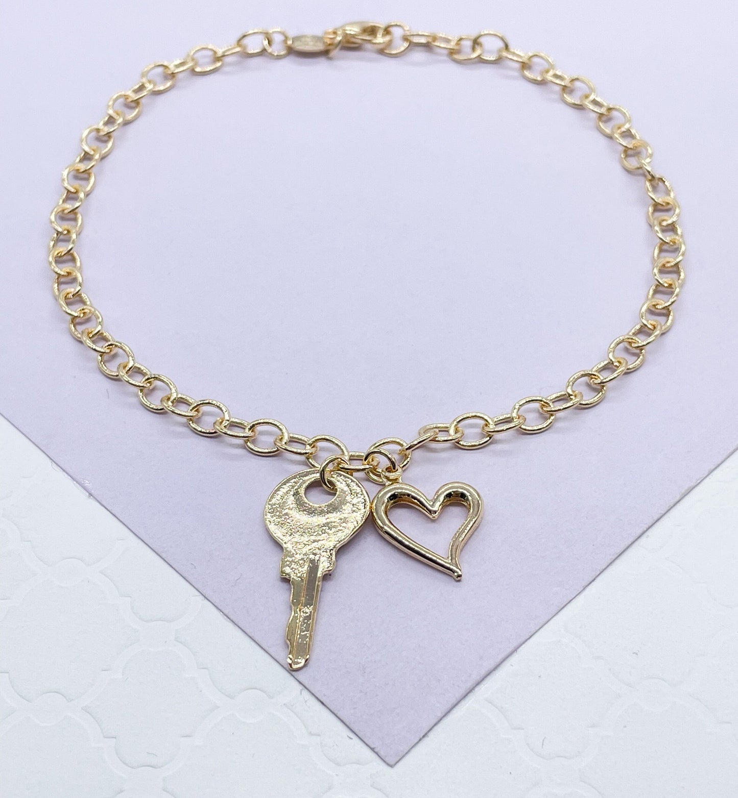 18k Gold Filled Dainty Curb Link Anklet With Heart and Key