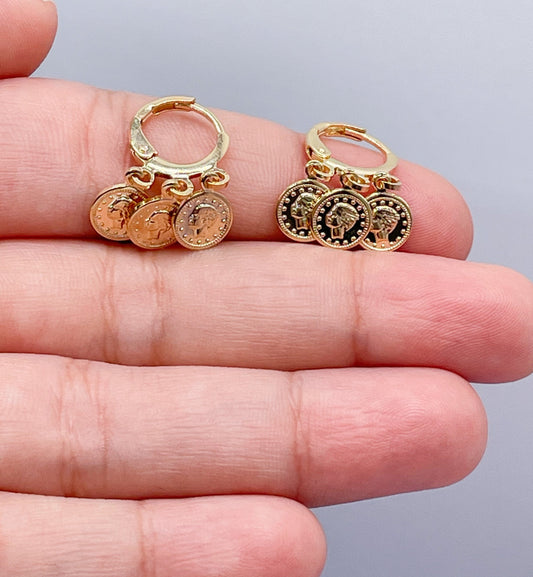 18k GoldFilled Small Hoop With Dangling Medallion Charms, Rome Emperor Coin, Vintage Medalion