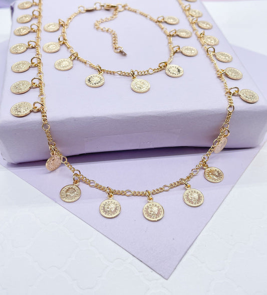 18k Gold Filled Charm Necklace and Bracelet Set: Mini Medallion Jewelry