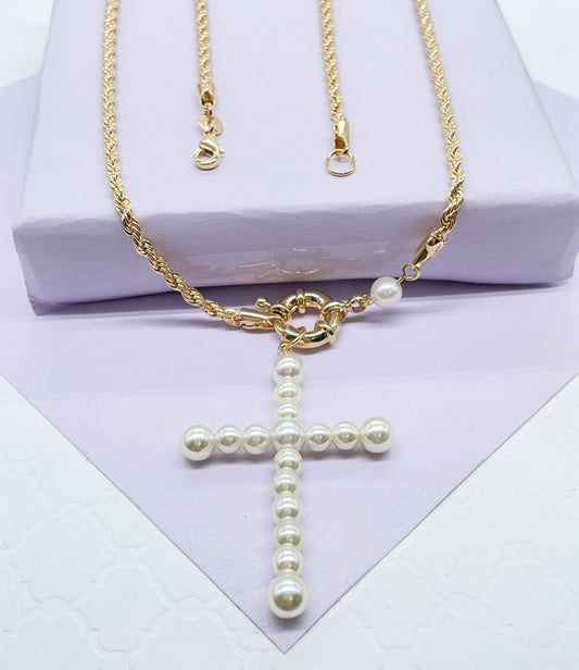 18k Gold Filled Rope Chain Necklace: Pearl Cross Pendant