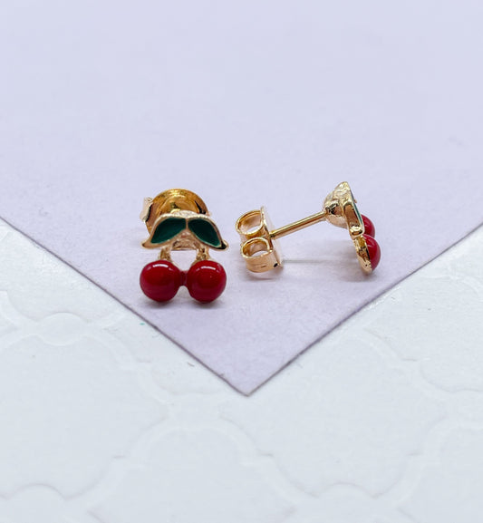 18k Gold Filled Enamel Cherry Stud Earring