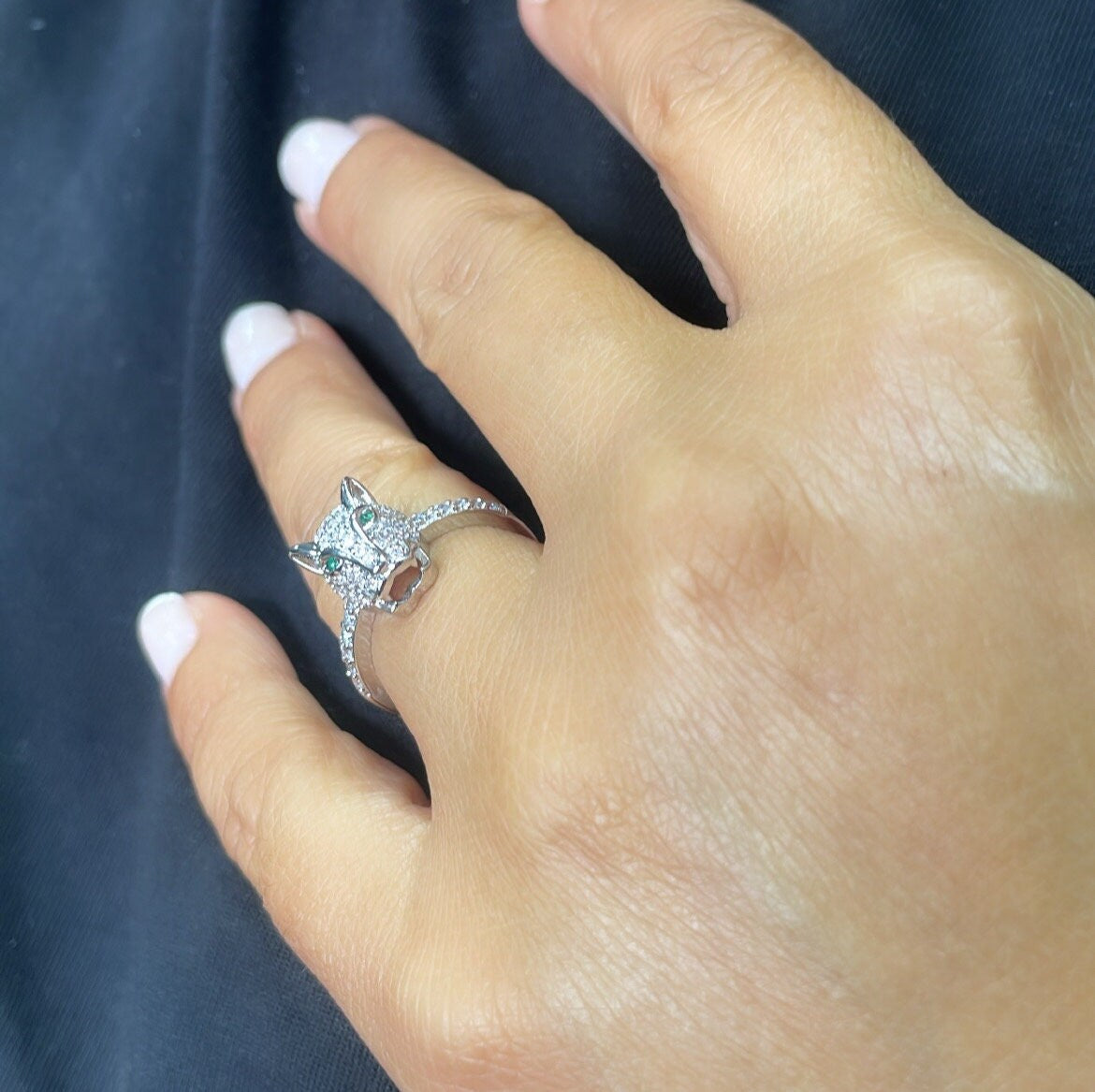 18k Gold Filled Zirconia Panther Ring With Emerald colored Eyes