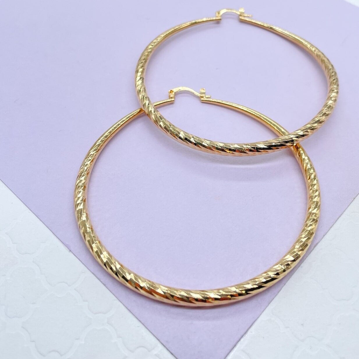 18k Gold Filled Hoop Earrings: Ocean Wave Texture, 50mm