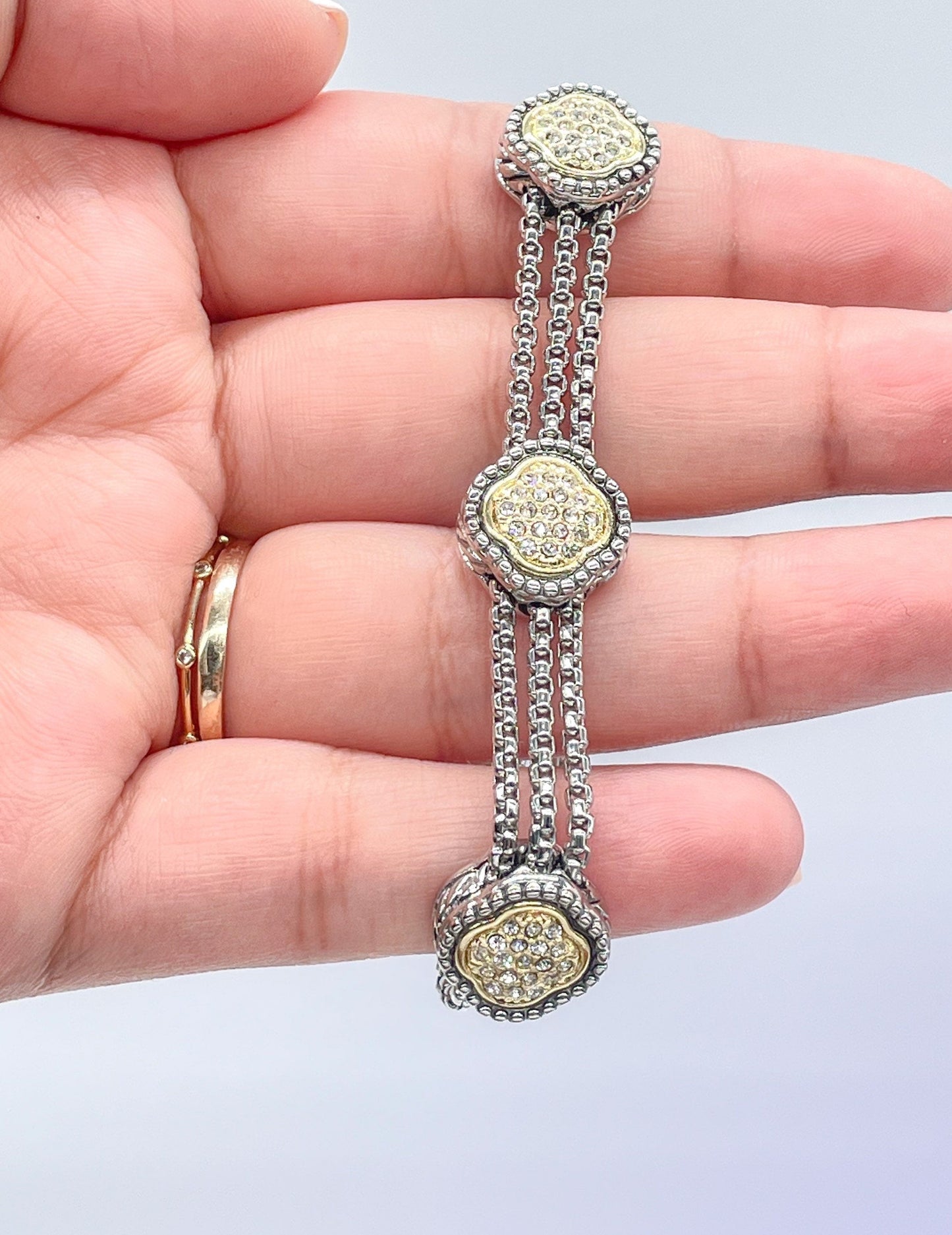 Silver Filled with Rhodium Bracelet With Gold Pave Charms & Magnetic Closure