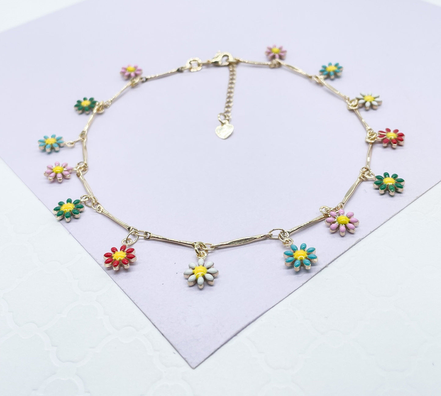 18k Gold Filled Colorful Flower Charm Anklet