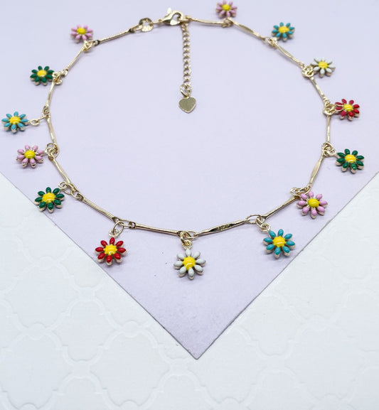 18k Gold Filled Colorful Flower Charm Anklet