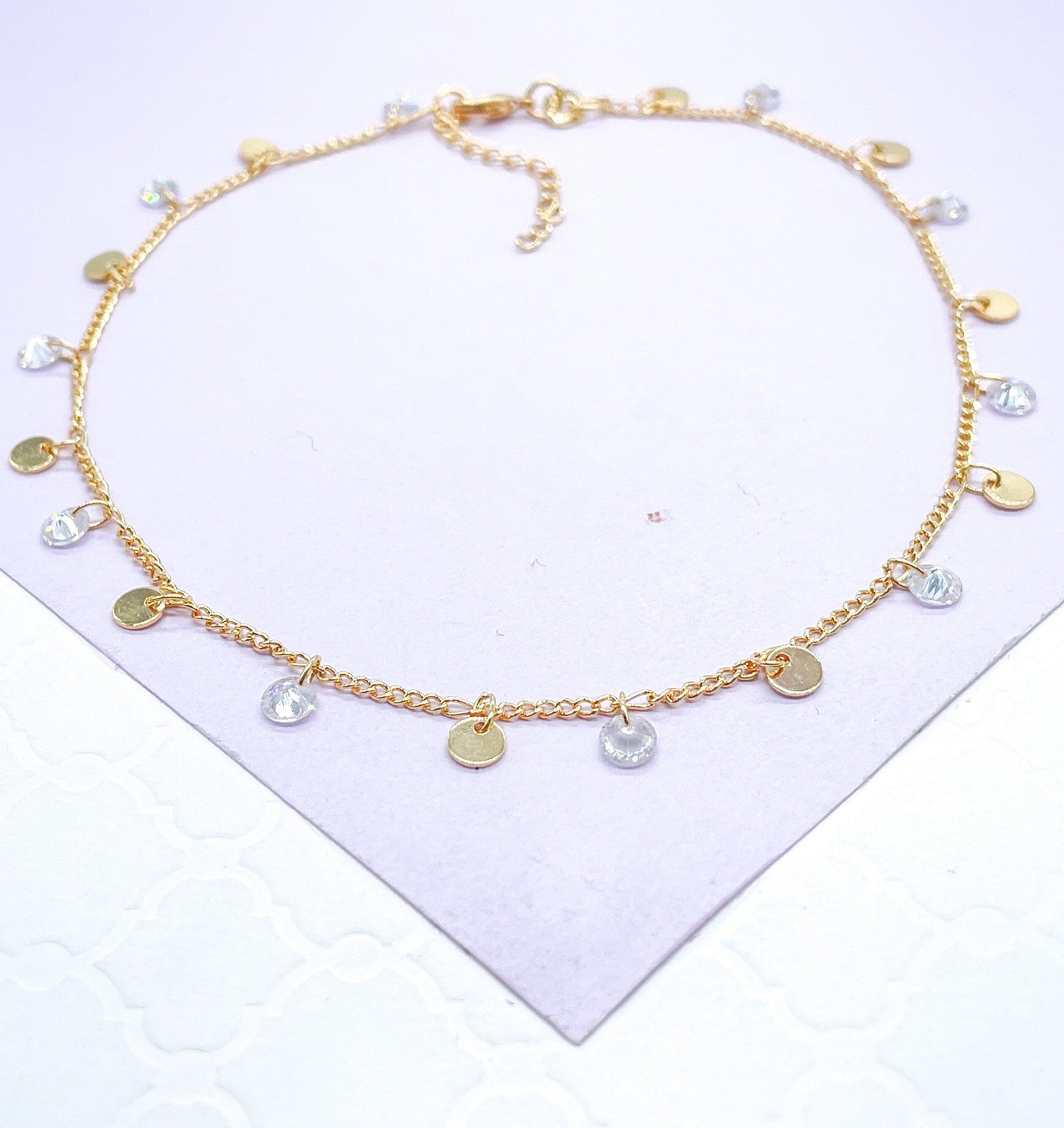 18k Gold Filled Figaro Chain Anklet With Plain Discs And CZ Stones