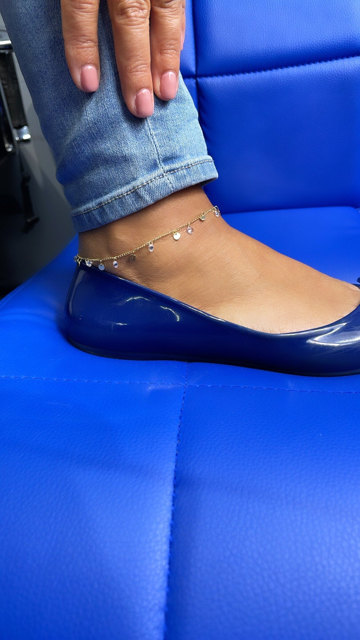 18k Gold Filled Figaro Chain Anklet With Plain Discs And CZ Stones