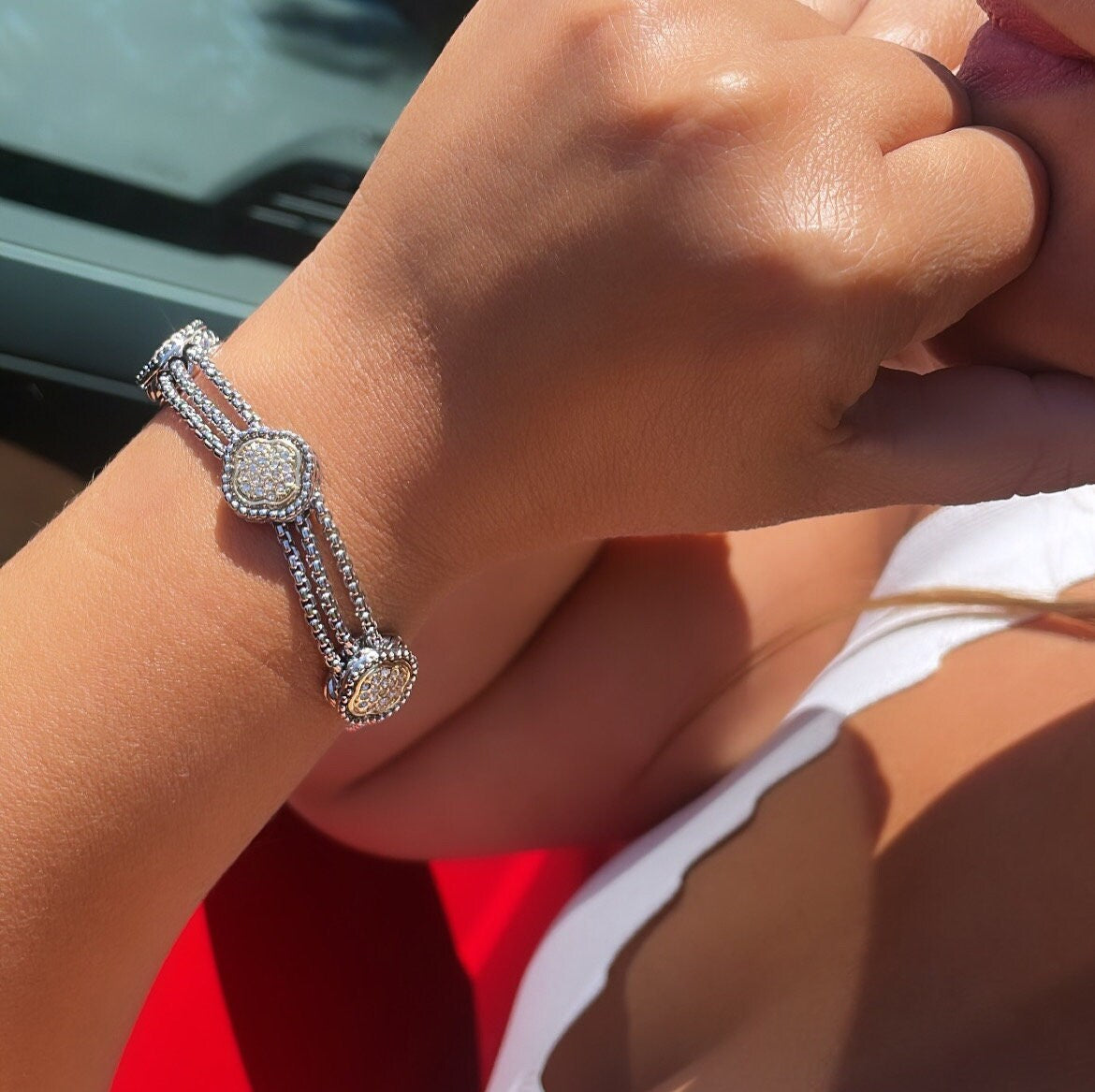 Silver Filled with Rhodium Bracelet With Gold Pave Charms & Magnetic Closure