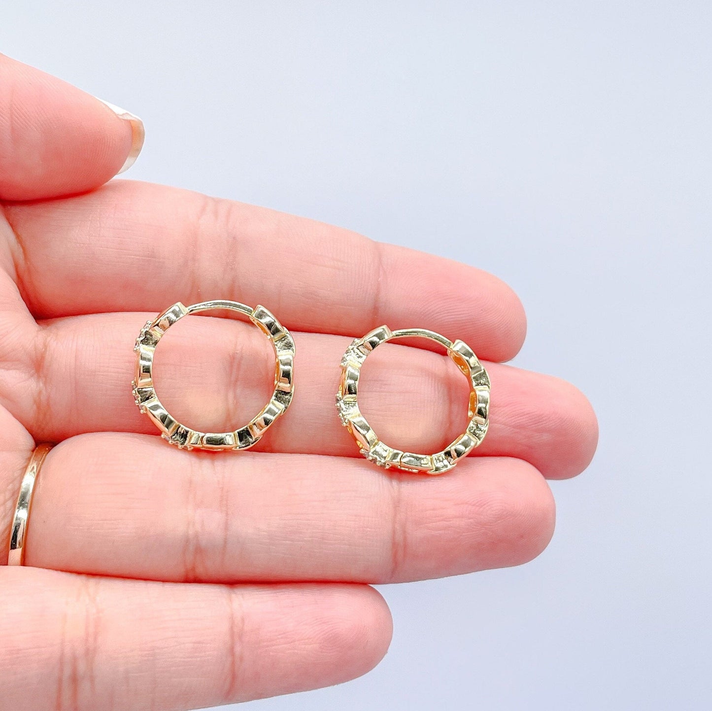 18k Gold Filled Puffy Mariner Curb Link Huggie Hoops With CZ Stones