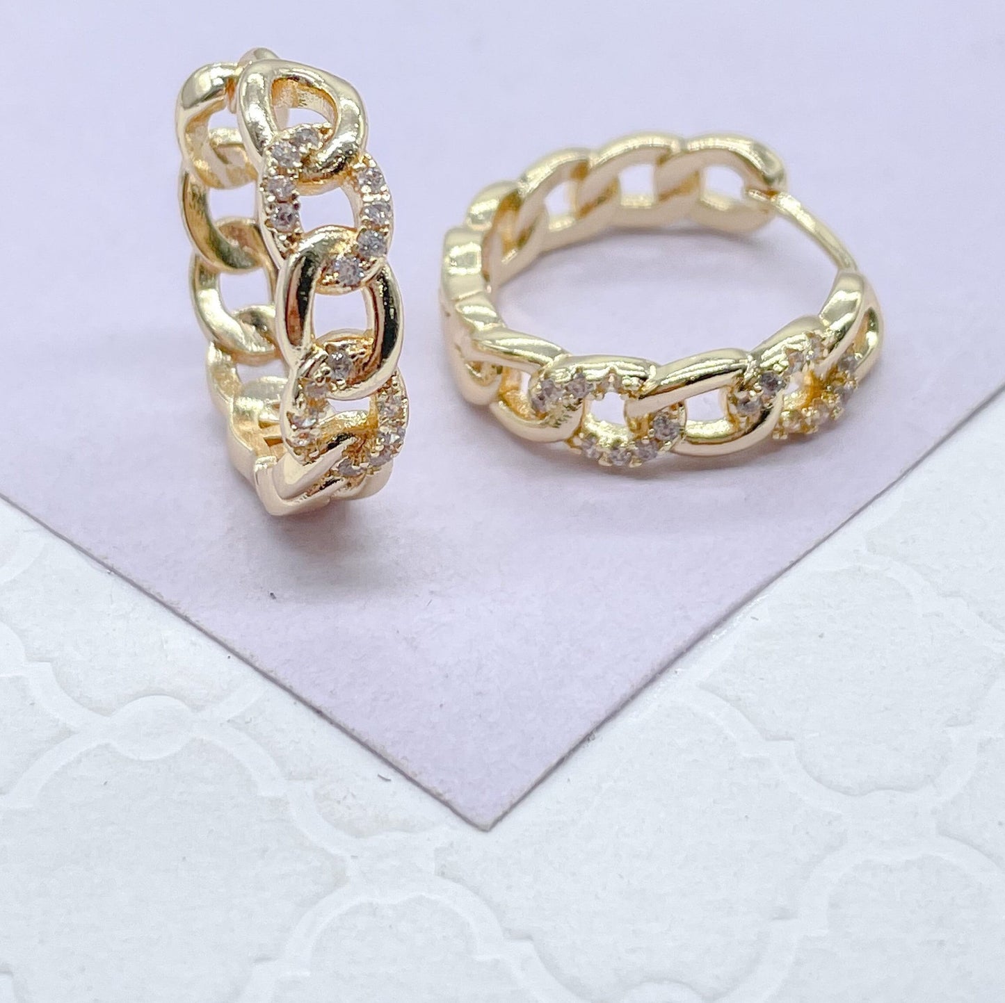 18k Gold Filled Chain Link Huggie Earring With CZ Stones