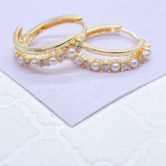 18k Gold Filled Double Rowed Hoop Earring With Pearl and CZ & Plain Smooth Rows