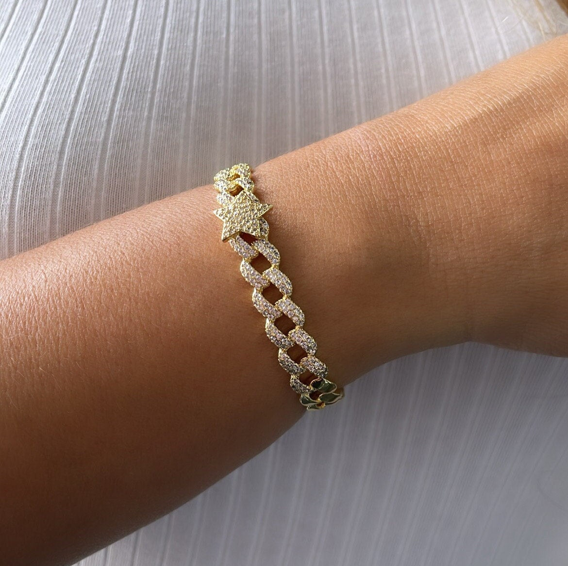 18k Gold Filled Pave Link Cuff Bracelet With Pave Heart & Star Bracelet
