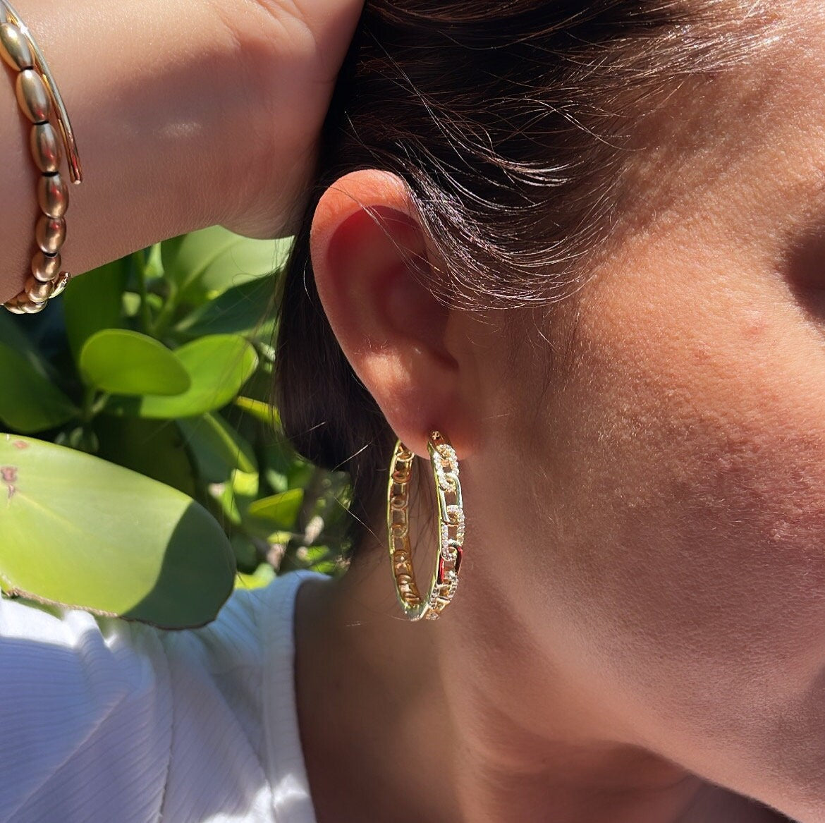 18k Gold Filled Slim Link Hoops Patterned With CZ Stones