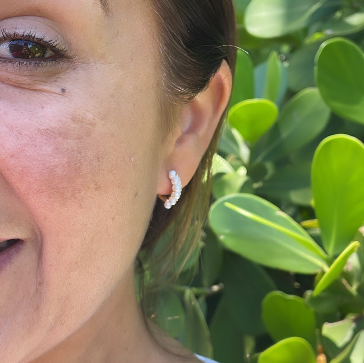 18k Gold Filled Dual Rowed Pearl And CZ Pave Hoop Earring