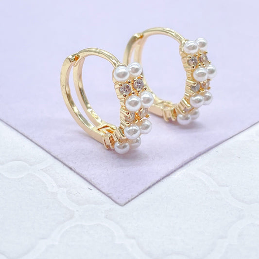 18k Gold Filled Paired Pearl Beaded Earring With Patterned CZ Stone