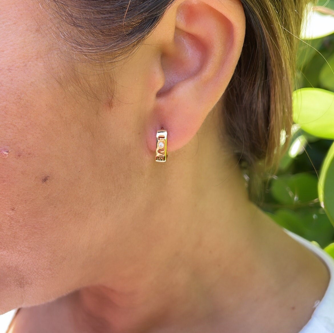 18k Gold Filled & Silver Filled Small “Love” Square Hoop