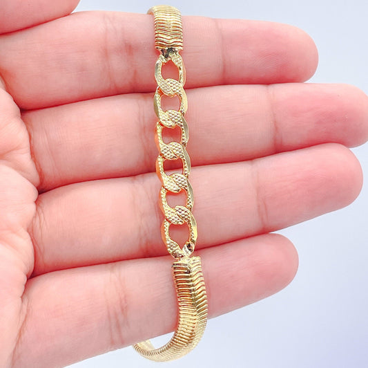 18k Gold Filled Smooth Soft Herring Bone Necklace With Flat Thick Curb Link Center Piece
