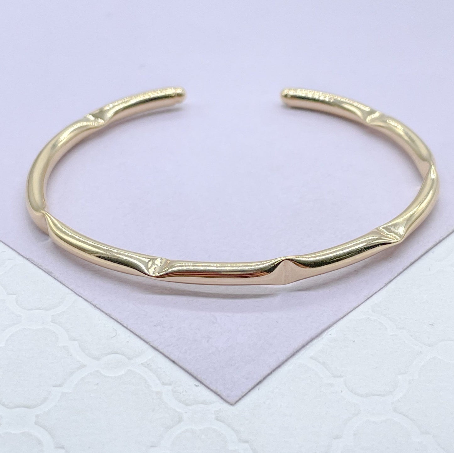 18k Gold Filled Plain Smooth Cuff Bracelet Patterned With Vertical & Horizontal Dents