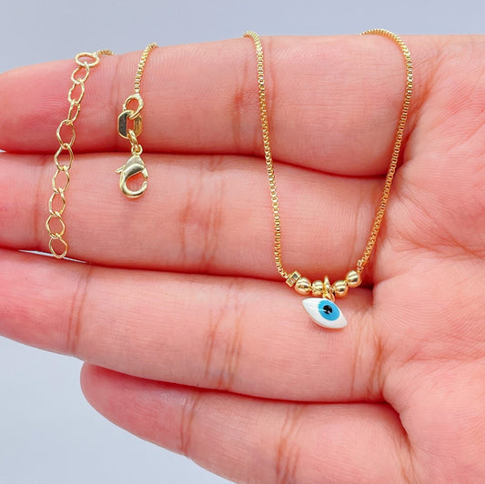 18k Gold Filled Plain Box Chain with Light Blue Evil Eye Charm With Bead Charms