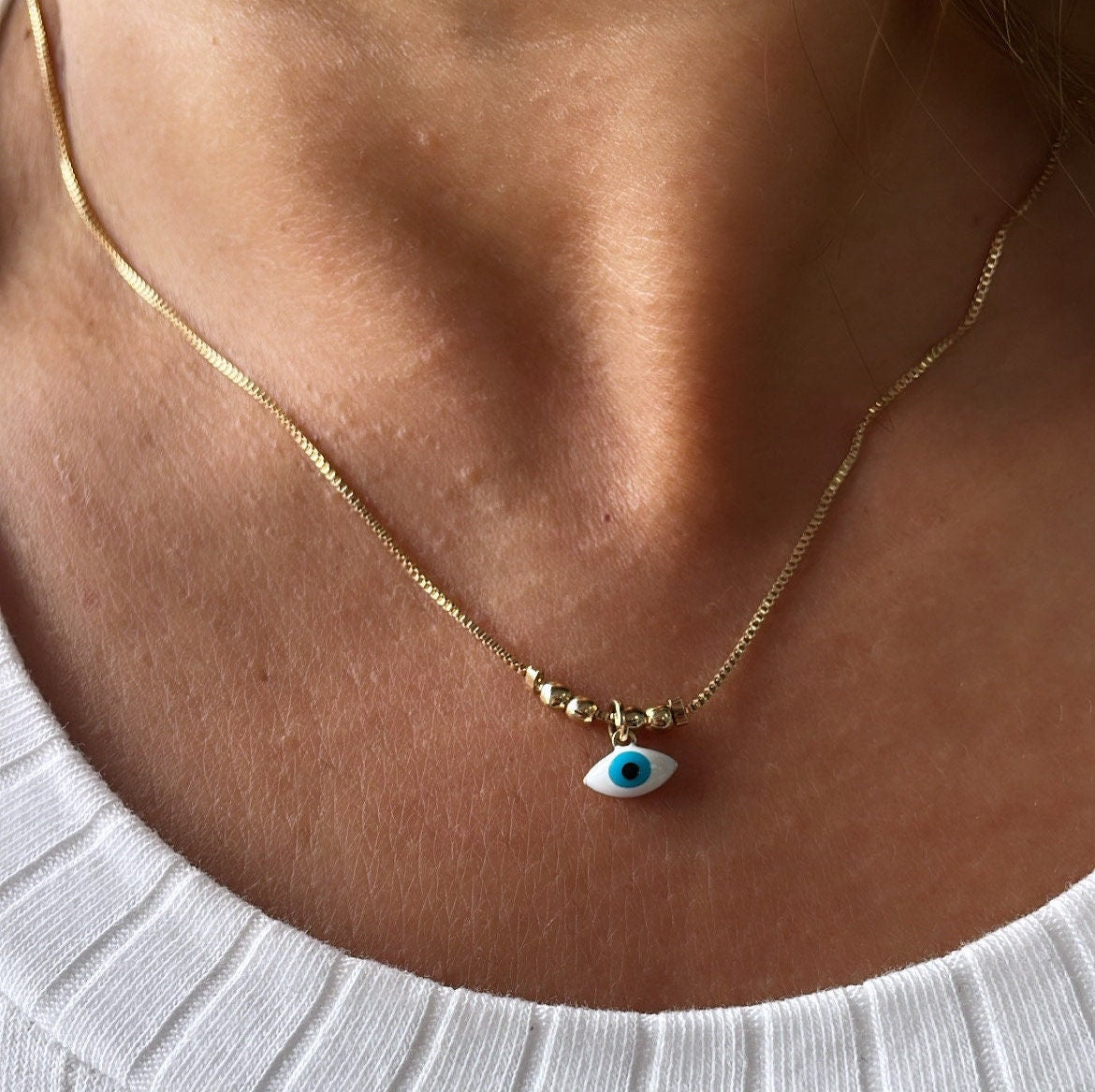 18k Gold Filled Box Chain with Light Blue Evil Eye Charm