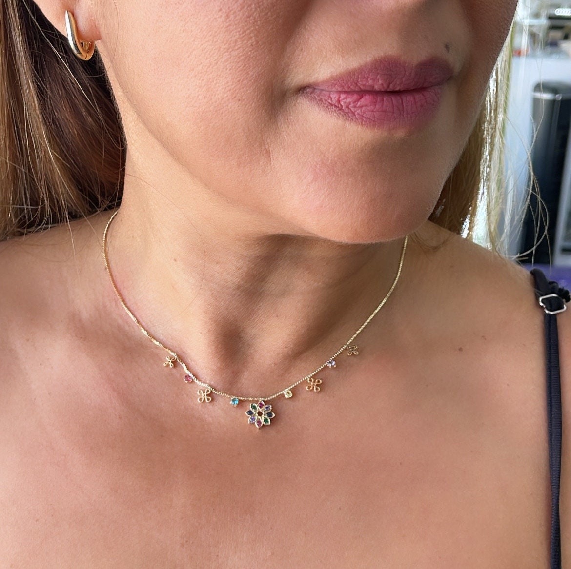 18k Gold Filled Dainty Box Chain Choker with Colorful Cz and Flower Charms w Flower Centerpiece