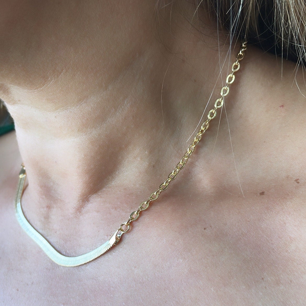 18k Gold Filled Curb Link Necklace With Herring Bone Center Piece