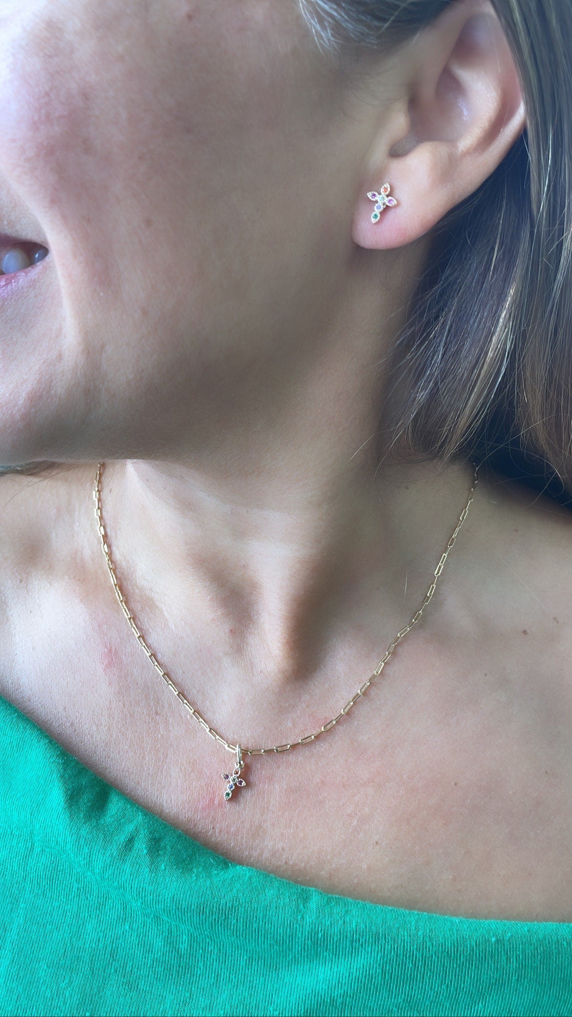 18k Gold Filled Colorful Dainty Cross Charm & Earrings, Birthday Gift, Jewlery For Her, Faith Jewelry