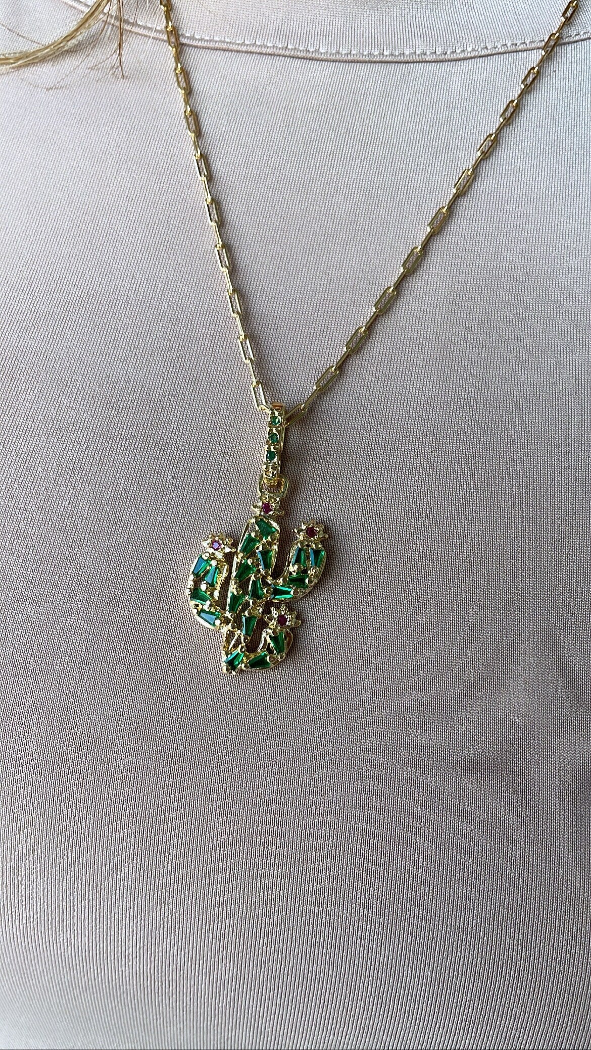 18k Gold Filled Catcus Plant Pendant With Green CZ and small Magenta CZ Stones