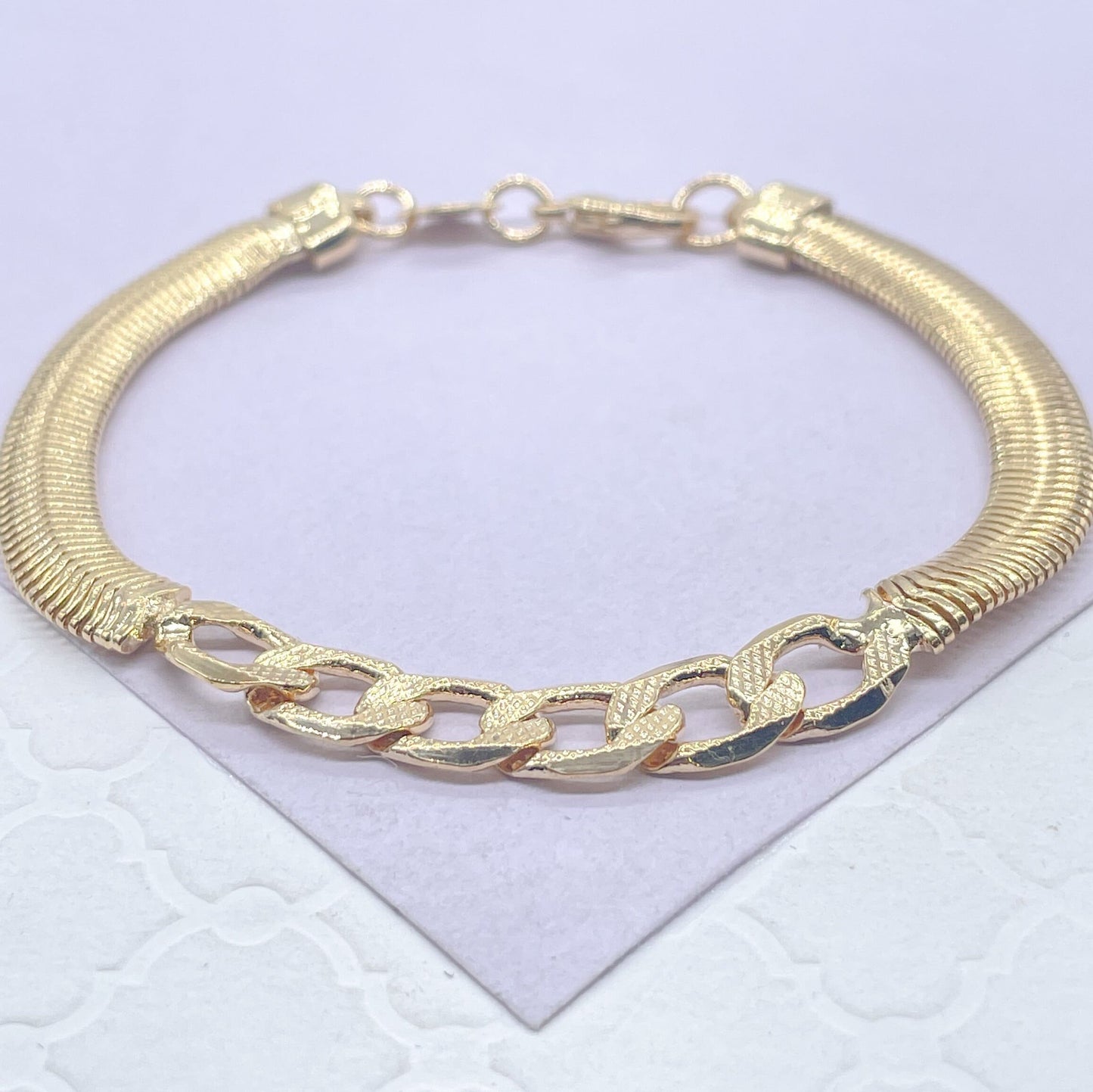 18k Gold Filled Smooth Soft Herring Bone Necklace With Flat Thick Curb Link Center Piece