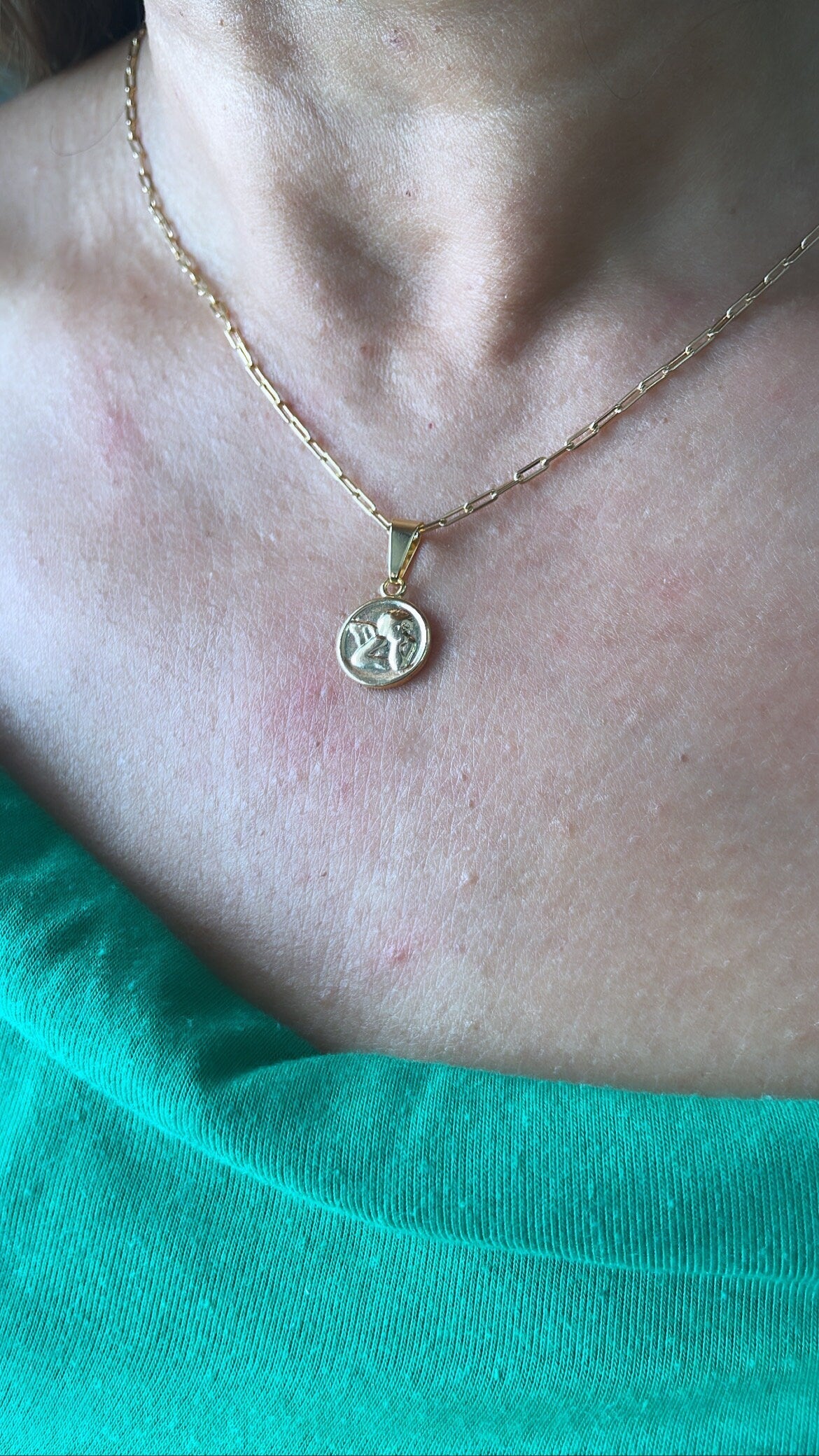 18k Gold Filled Mini Medallion Charm Pendant With engraved Angel