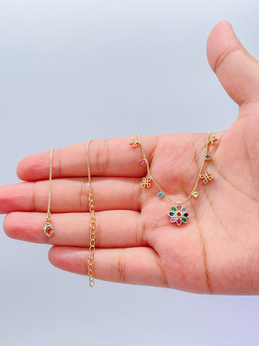 18k Gold Filled Dainty Box Chain Choker with Colorful Cz and Flower Charms w Flower Centerpiece