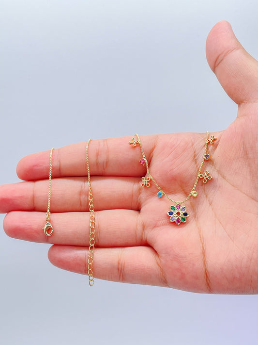 18k Gold Filled Box Chain Choker: Colorful CZ Flower Charm