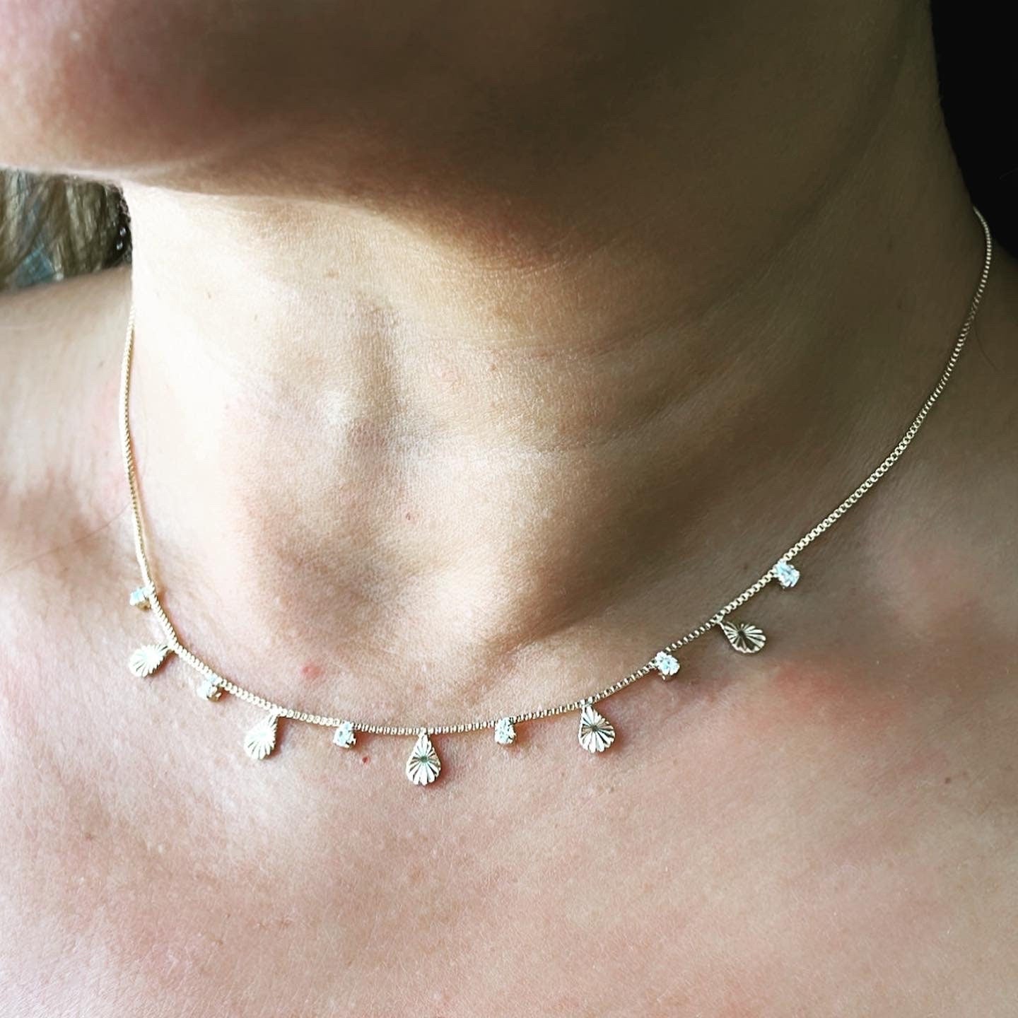 18k Gold Filled Dainty Tear Drop Charm And Cz Stone Choker