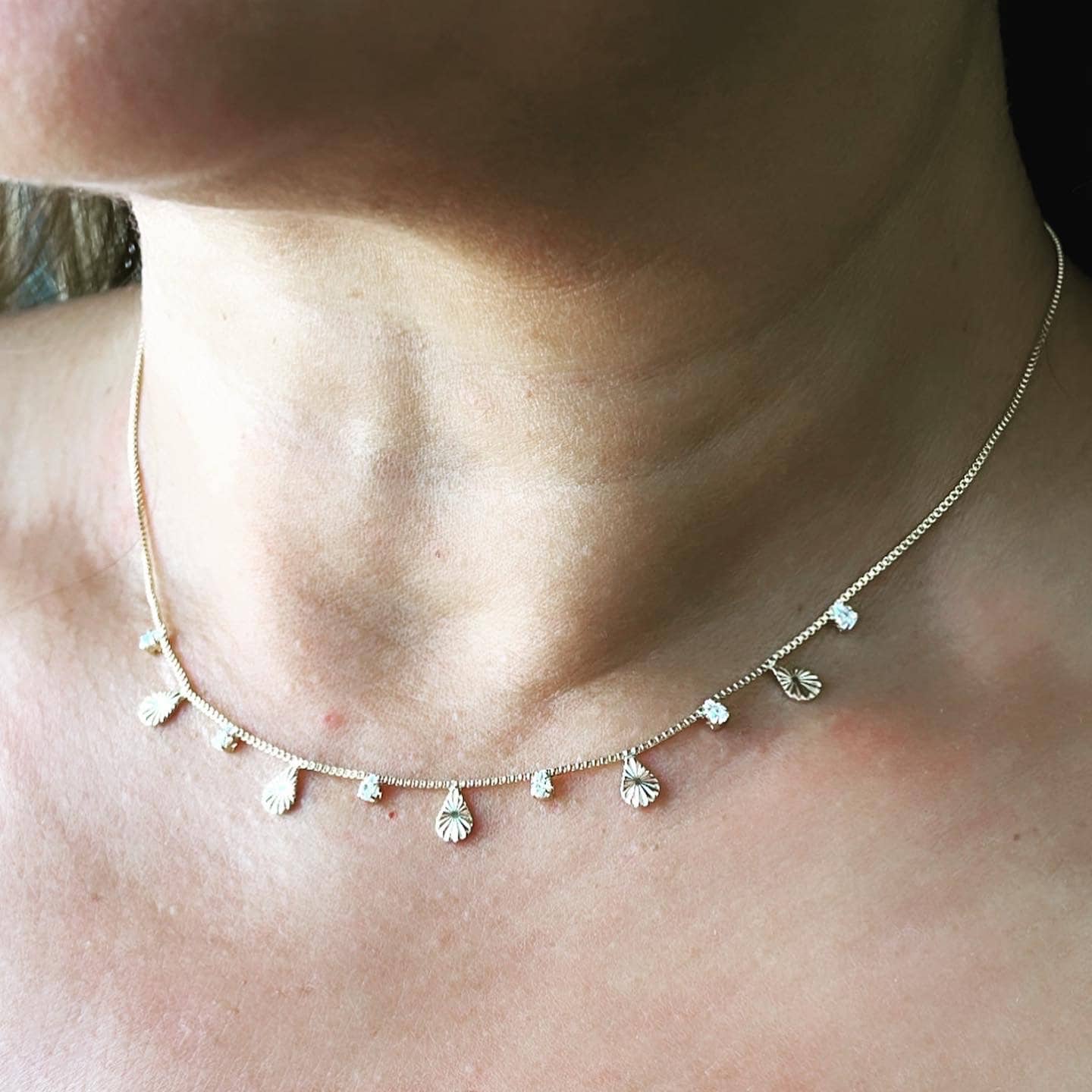 18k Gold Filled Dainty Tear Drop Charm And Cz Stone Choker