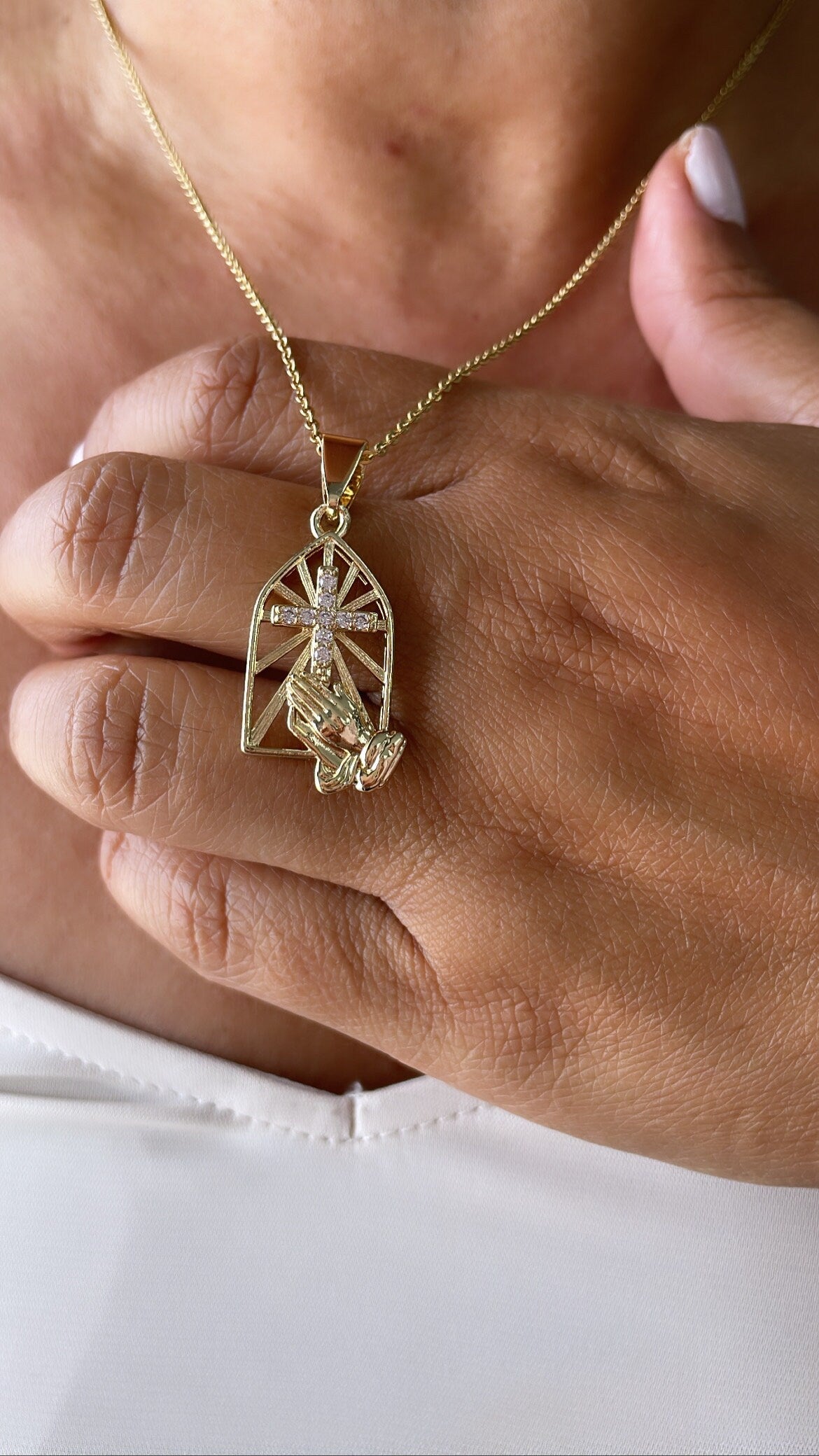 18k Gold Filled Medallion Charm With Cross and Praying Hands