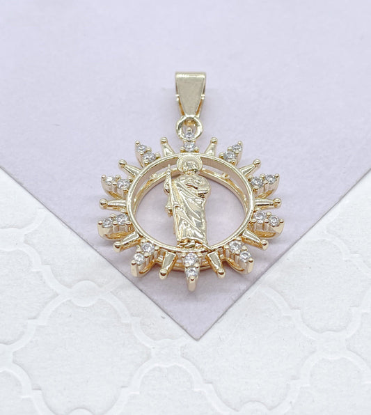 18k Colorful St Jude Pendant Crowned with Multi-Color and White CZ Stones