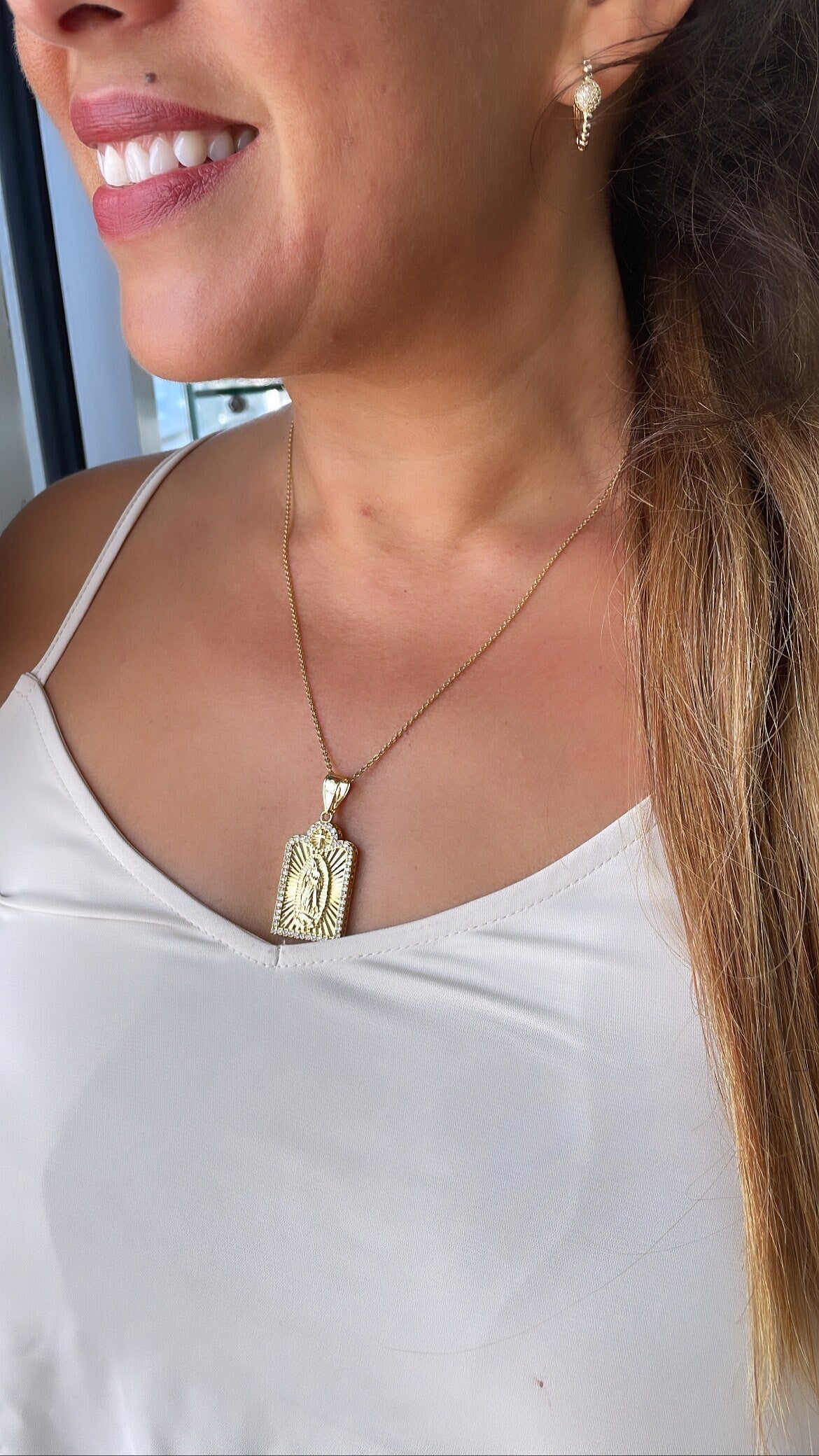 18k Gold Filled Guadalupe Medallion Charm with CZ Stones