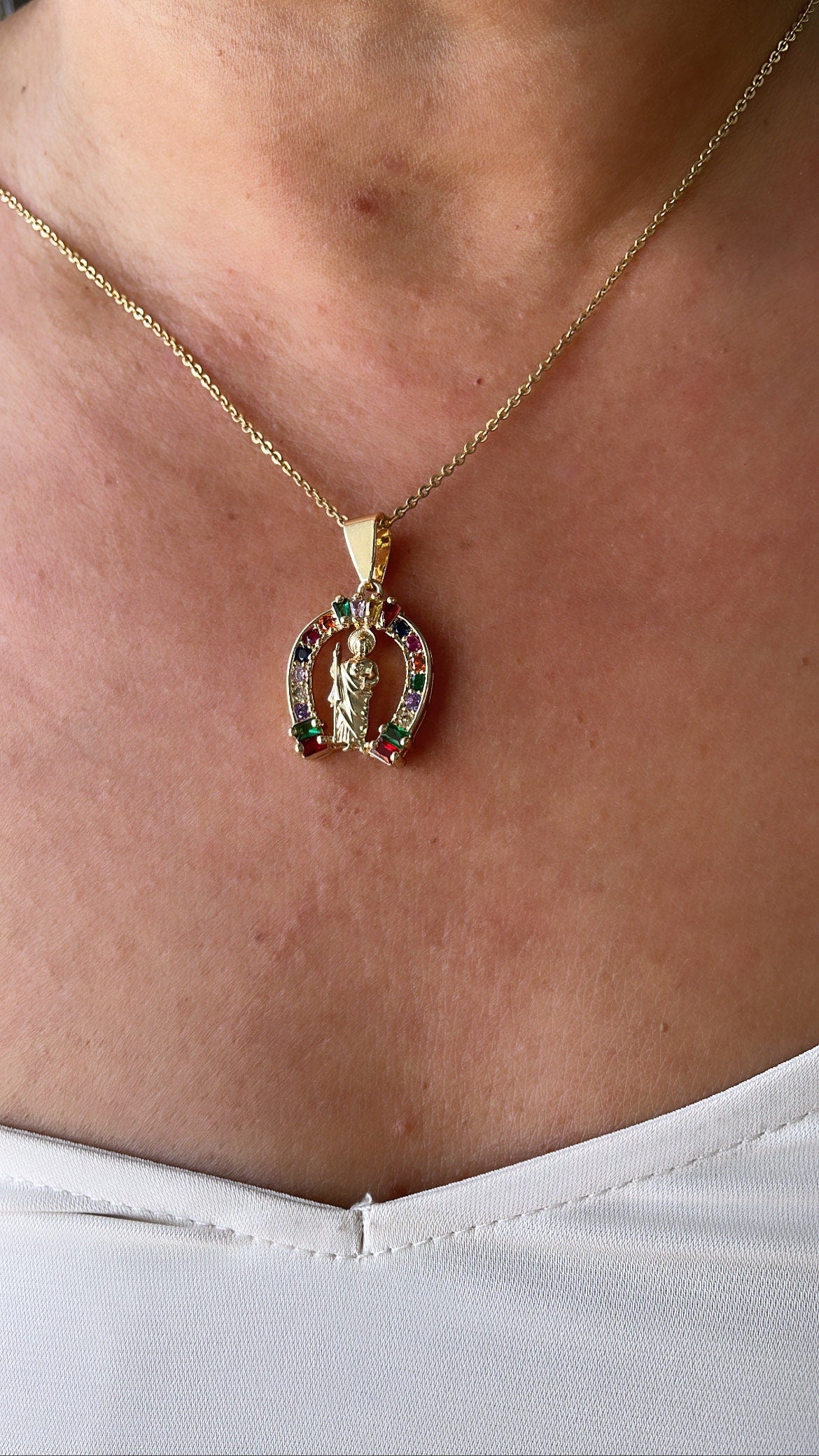 18k Gold Filled Saint Jude Charm Colorful Baguette and Round CZ Charm