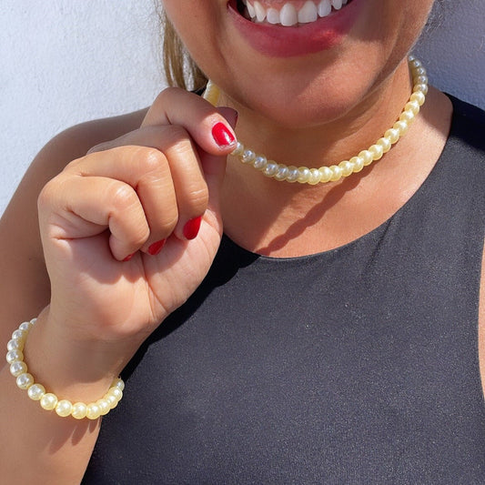 18k Gold Filled 8mm Beaded Cream Colored Pearl Set