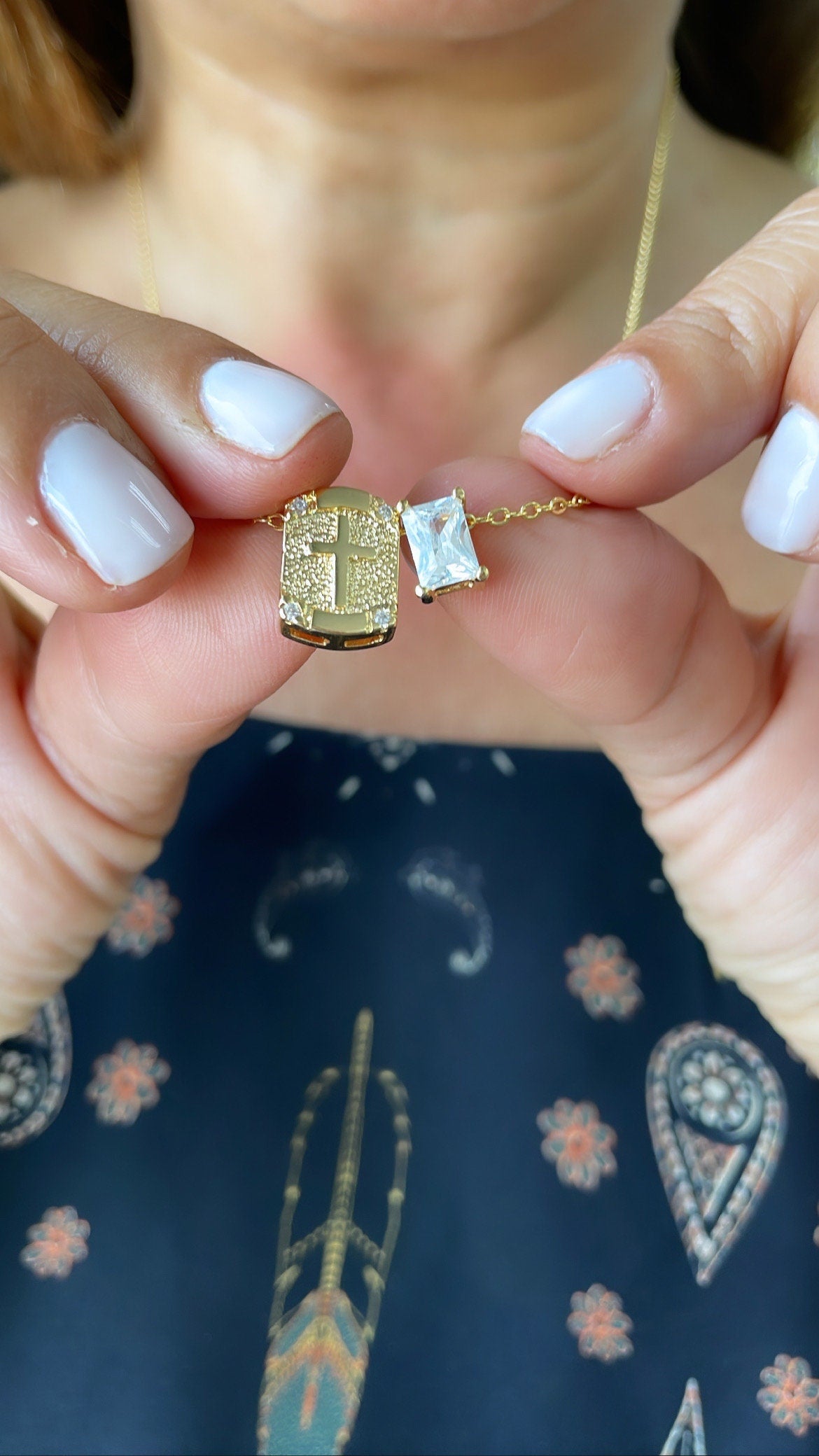 18k Gold Filled non-closure Rosary Necklace with Baguette cut stone charm