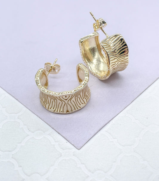 18k Gold Filled Wide Tree Trunk Patterned Open Hoop Earrings