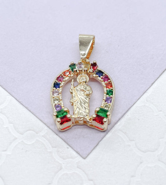 18k Gold Filled Saint Jude Charm Colorful Baguette and Round CZ Charm